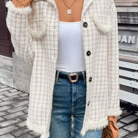 White Preppy Womens Plaid Pattern Raw Trim Drop Shoulder Tweed Overcoat - Picture 4 of 6